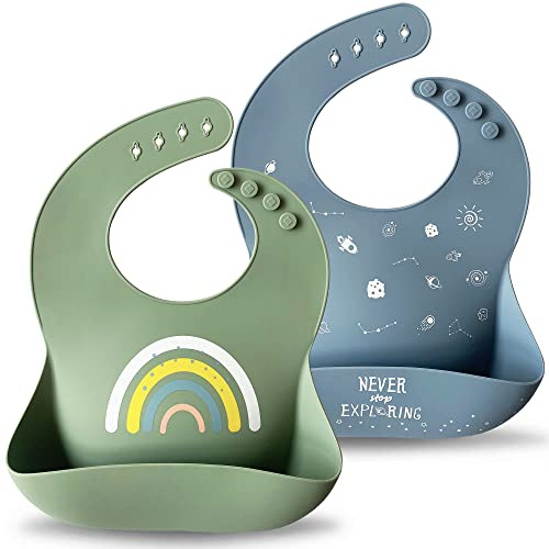 Moonkie Silikon Lätzchen Baby 2er-Set, BPA-frei Abwaschbar Baby Lätzchen Wasserdicht Weich Langlebig Verstellbare Silikon Lätzchen für Babys und Kleinkinder (Sage/Tradewinds)