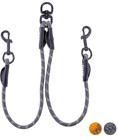 Floxik Tau Doppelleine für 2 Hunde grau/orange - reflektierend, dehnbar und verhedderungsfrei – Doppelte Hundeleine zum Koppeln - perfekt für kleine bis mittelgroße Hunde