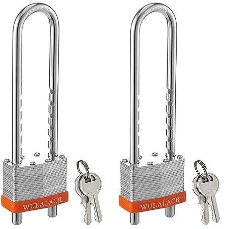 WULALACK Vorhängeschloss mit Schlüssel, 5,1 cm breit, laminierter Stahl, Vorhängeschloss mit verstellbarem Bügel, langes Bügelschloss mit 2 Schlüsseln