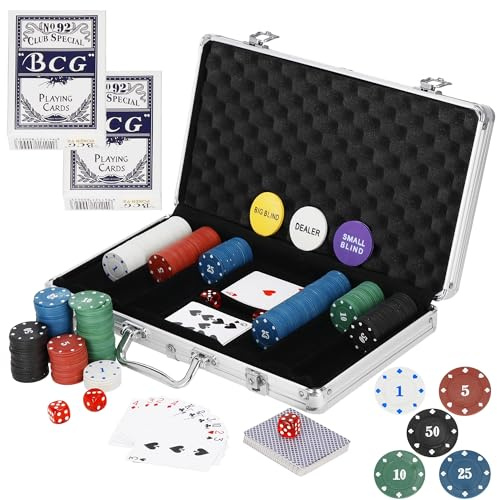 SPRINGOS Set da poker 300 chip, 2 giochi di carte, 5 cubi, custodia inclusa