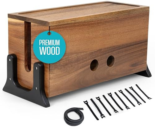 Extra Large Cable Management Box Wood Cord Organizer Box - Cable Box Organizer Cord Box Hider - Power Strip Box Hider Cable Storage Box for Office, TV Wires, Desk Cord Organizer (Solid Acacia)