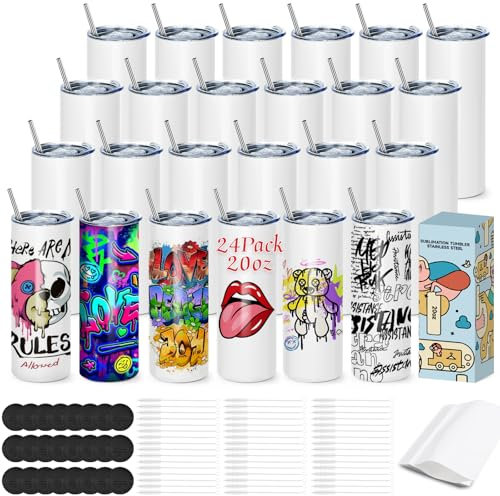 Cafultgo Set de 24 sublimación blancos delgado vaso 20 oz blanco recto a granel vaso de acero inoxidable, con tapa y paja, contracción envoltura, individualmente en caja (24PCS)
