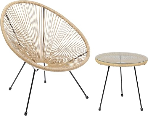 Kare Design Gartenmöbel 2er Set Acapulco Natur, Indoor Outdoor Retro-Design | Sessel mit Beistelltisch, Gartenstuhl Sitzgruppe, Lounge-Möbel für Garten, Balkon, Terrasse, Schwarzes Stahlgestell, Glas