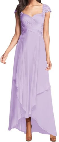 WSEYU Robes de mariée à manches courtes pour mariage appliques en dentelle en mousseline de soie robes de grand-mère, lilas, 54 plus