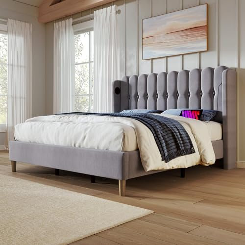 Polsterbett 160 x 200 cm mit USB & Typ C Ladefunktion und Stauraum, Bettgestell mit Lattenrost, Jugendbett, Doppelbett mit Gepolsterten Kopfteil, Leinen, Grau, Ohne Matratze