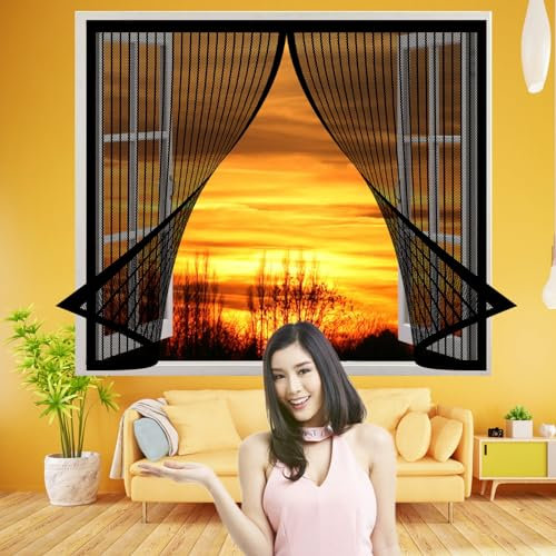 Fliegengitter Fenster 84 x 112 cm, Insektenschutz Klettband Fliegengitter Fenster mit Klettband, Klebmontage Ohne Bohren für Windows/Wohnzimmer Fenstern, Schwarz