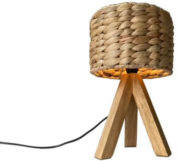 meineWunschleuchte Tisch-Lampe Dreibein aus Holz mit Wasserhyazinthe | Höhe 26cm, E14, skandinavische Korblampe, mit Schurschalter, Nachttischlampe aus Naturmaterial, Lampenschirm geflochten