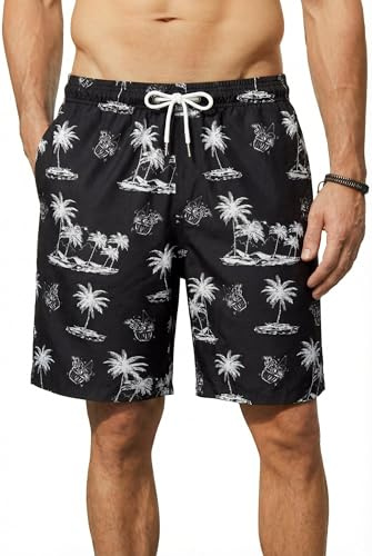 Enlision Mens Swimming Shorts UK 7.5 Quick Dry Summer Hawaiian Swim Trunks Men Long with Mesh Liner Pockets Palm Tree Patterned Black Boardshorts for Pools Beach Surfing Plus Size XL