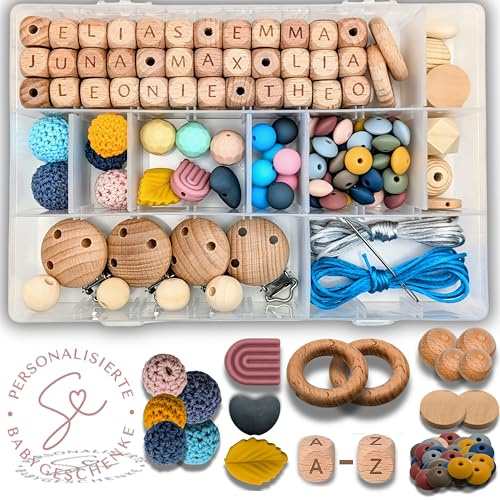 Storchenkind® 145 Teile Bastelset inkl. Videoanleitung, Kreative Babyparty spiele Silikon- Holzperlen, zum selber machen Set