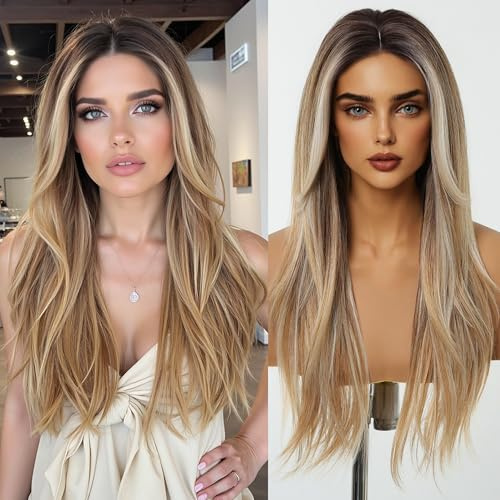 testar Lange glatte Ombré-Perücke für weiße Frauen, dunkelbraun bis blond, Strähnchen, seidiges Haar, synthetische Mittelscheitel-Perücken für den täglichen Gebrauch, Schnürverschluss, natürlicher