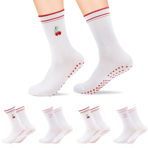 Dzpuhuojz 4 Paar Niedliche Pilates Grip Socken Rutschfeste Yoga Socken für Frauen Balle Barre Yoga Grippy Dance Sport Socken mit Stickmuster, 4 Farben, 34