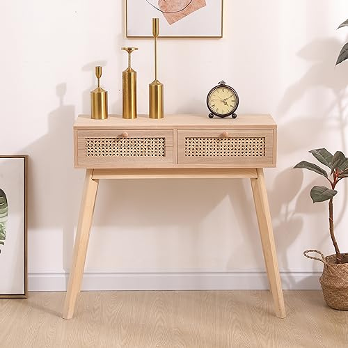 Table console élégante en pin massif noir et naturel avec rotin tissé – Solution de rangement moderne pour entrée pour les petits espaces 80 x 30 x 77,5 cm Décoration d'intérieur polyvalente