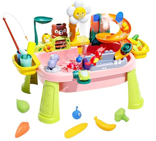 Juego de Juguetes de Cocina 3 en 1,Cocina Infantil con Juego de Pesca y Accesorios de Cocina y Grifo Giratorio de 180°, Fregadero de Juguete de Simulación,Juguete de rol para niños pequeños