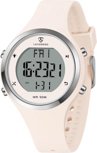 caprock Relojes Digitales para Mujer con Pantalla LED, Resistente al Agua hasta 5 ATM, Reloj de Pulsera Digital Deportivo para Mujer con Alarma/cronómetro/Luminoso/Cuenta Regresiva, Blanco Crema