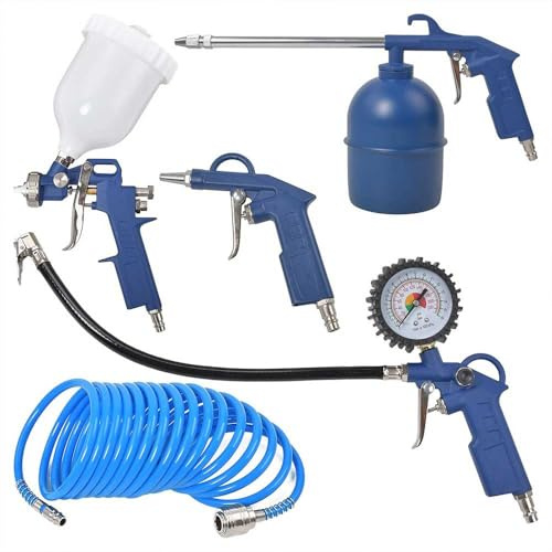 Air Tool Kit 5PCs Compressor Air Tool Set with Spray Gun, Blow-Out Gun, 5M Spiral Air Hose, Paraffin Sprayer, Tyre Inflator with Pressure Gauge