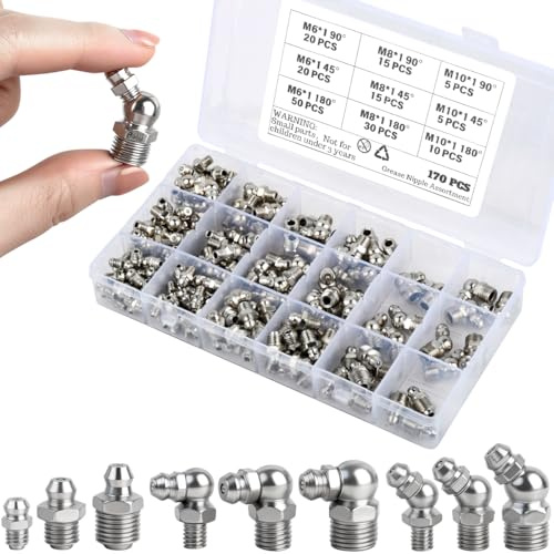 DODUOS 170 Piezas Kit de Engrasadores, Surtido de Engrasadores M6 M8 M10 Juego de Engrasador Cónico 45°90° y Recto Boquillas de Engrase de Niquelado, para Prensa de Grasa, Coche, Barco, Tractor