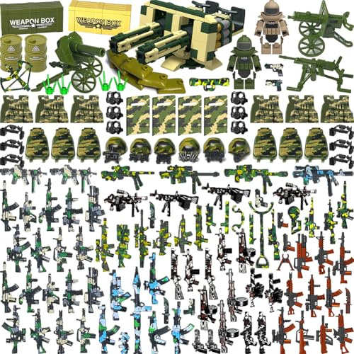 Nicolababe 390 Pezzi Set Armi Militari Giocattoli Mattoncini Equipaggiamento Soldato, Elmetto Mimetizzato, Gilet Tattico, Scudi, Mitragliatrice Gatling, Compatibile con le Principali Minifigure
