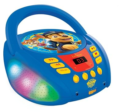 Lexibook, Paw Patrol, Bluetooth CD player for kids, Portable, Multicoloured light effects, Microphone jack, Aux-in jack, AC or battery-operated, Girls, Boys, Blue/Red, RCD109PALXB