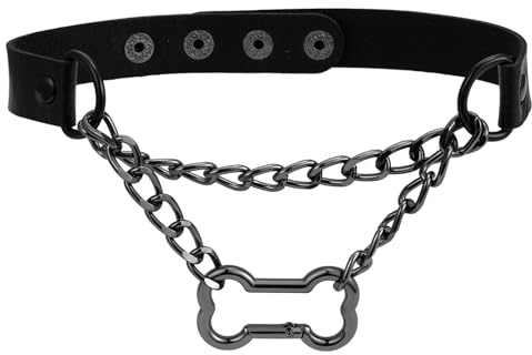 JewelryWe Leder Choker Halskette Damen Gothic Punk Halsband mit Knochen Kette Verstellbare O-Ring Lederkette Glänzende Gliederkette Halloween Festival Party Y2K Schmuck für Frauen Mädchen