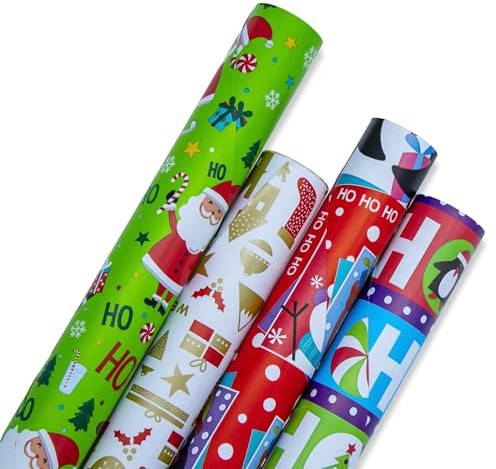 Julklappspapper 500 x 100 cm med festliga motiv – 4 stycken – XXL julklapp pappersrulle 5 meter färgglad – jul jultomte presentpappersrulle julklappspapper