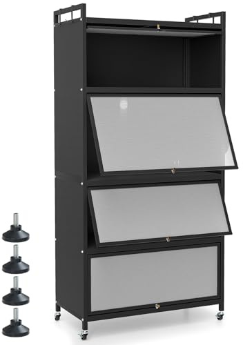 GIANTEX Mobiletto da Cucina a 5 Ripiani su Ruote, Armadio da Cucina con Ante a Ribalta e 4 Ruote Universali, Supporto per Microonde con Kit Anti-Ribaltamento, 80,5x40x162 cm (Nero)