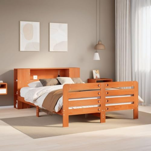 Ordellia Massiv träsäng utan madrass, vaxbrun, 135 x 190 cm furu sängram med ribbotten, 7 hyllor, möbler för sovrum, plattformssäng