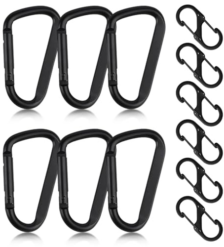 12Pcs Heavy Duty Black Metal Carabiner Clips 6 D & 6 S Shape Hooks | Multi-purpose outdoor clips, great for camping, hammocks, dog leashes, yoga and all kinds of sports daily accessories