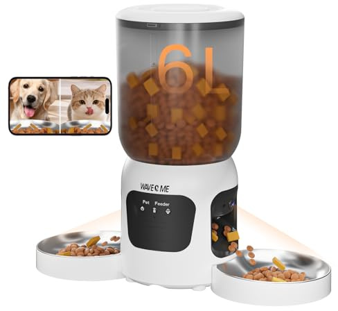 Dual-Lens Automatic Cat Feeder with Camera for 2 Cats, 6L1080P HD Video Pet Food Dispenser with Dual Bowls, AI Motion Detection & 2-Way Audio, App Control Timed Feeder for Multi-Cat Household