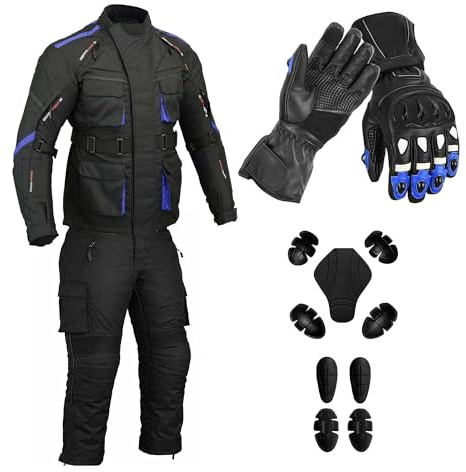 SAGA MOTO Men’s CE Armoured Waterproof Motorcycle Suit with Touchscreen Leather Gloves | All-Weather Cordura Biker Gear Set (Black, M (Trouser L30))