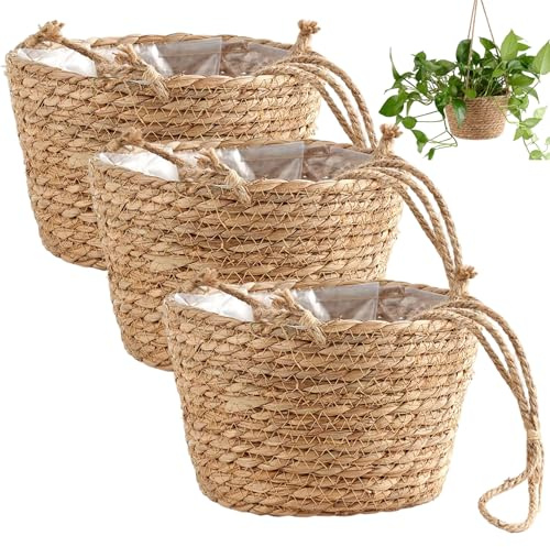 Grtheenumb Hängande krukor | 3 st växthängande korg, 20 x 12,7 cm vävd planterare med rep, boho rustik korg, planterare för inomhus hem