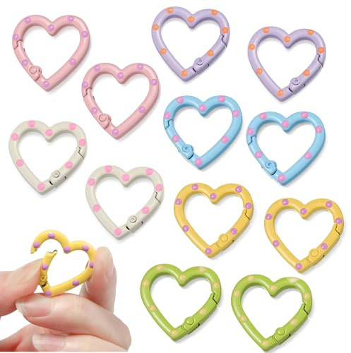 Lot de 12 porte-clés en forme de cœur - Mousquetons colorés en métal avec points - Mini mousquetons pour pendentifs de sac, bijoux DIY, porte-clés, fermeture à ressort, décoration