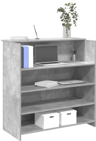 Drillkyn Bancone per ricevimento, grigio cemento, 100 x 50 x 103,5 cm, in legno, scrivania da ufficio con scaffale, per studio, bancone di ricevimento, postazione di lavoro per casa, segretario per