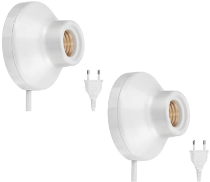 ledscom.de 2x Wandleuchte/Lampenfassung ELEKTRA, Stecker, Schalter, Porzellan, weiß glänzend, rund, 1x E27 max. 300W