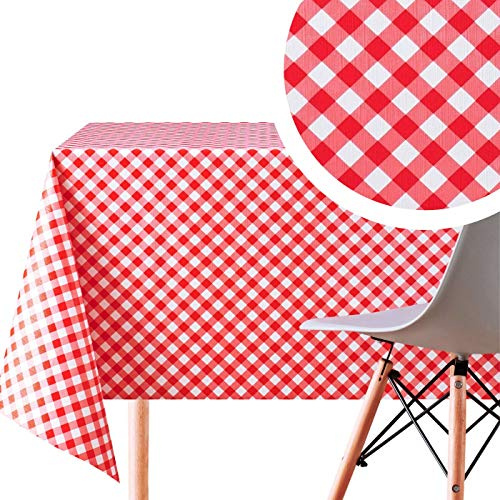 KP HOME Wipe Clean Tablecloth White Red Gingham Checker Pattern - Square 140x140cm | 55x55in For Square Tables Up To 4 Seats - Heavy Weight Waterproof Oilcloth PVC Table Cloth With Check Checked Print
