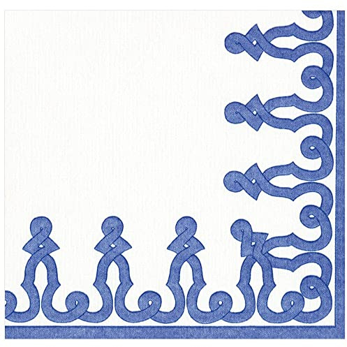 Caspari Dessin Passementerie Paper Linen Dinner Napkins in Riviera Blue - 12 Count
