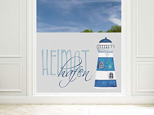 GRAZDesign Fensterfolie Blickdicht Leuchtturm Heimathafen [110x57cm] für Fenster Bad & Dusche maritim | Sichtschutzfolie Glastür, Badfenster, Flur, Farbe Silbergrau Milchglasfolie BxH