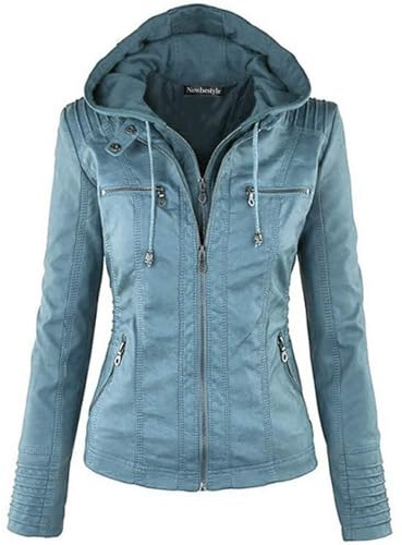 Newbestyle Damen Kapuzenjacke Kunstleder Motorrad-Stil Mantel, blau, 42