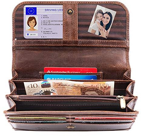 moonster Leder Portemonnaie Damen Vollnarbenleder Geldbörse - Kartenetui Handgefertigter Geldbeutel Leder RFID-Schutz 2 Reißverschlüsse 1 Durchsichtiges und 3 Offene Fächer - 9 Kartenfächer