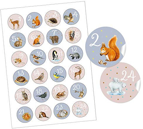SET 2 x 24 STICKER Adventskalenderzahlen TIERE ROSA BLAU Waldtiere Wintertiere Adventskalender basteln Weihnachten Adventszeit Geschenke Kindergeburtstag Waldkindergarten Schulanfang