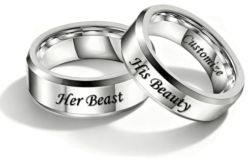 Hsumonre Beast Beauty Gravierte Paar Ringe Sein Ihr Versprechen Paar Ringe Geschenk Freundin Freund Geburtstag Schwarz Silber Titan Stahl