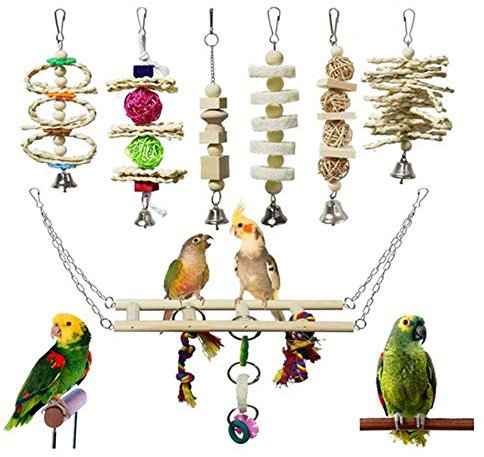 Ototon 7-teiliges Vogelspielzeug-Set, hängend, aus Naturholz, Spielzeug mit Glocke Brücke, Leitern, Sittich, gesundes Zubehör für Parrot Finken, Papagei