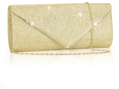 Larcenciel Bolso Clutch de Lentejuelas con Purpurina para Mujer, Bandolera Brillante para Fiesta de Noche con Cadena Desmontable, Carteras de Mano para Boda (Oro)