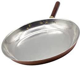 CREARTISTIC Padella Rame Professionale Stagnato 24 cm - con base 17, Manico Legno, per Flambè, Crepes, Bistecchiera, Martellato a mano - Made in Italy