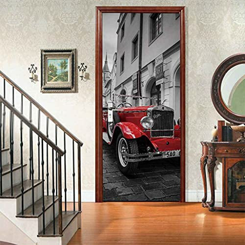 CBWRAW 3D Türaufkleber Türfolie Selbstklebend Rotes Auto 90x200cm Art Decals Kreative Poster Tapete Wasserdicht Abnehmbare Wandbild Fototapete Für Wohnzimmer Schlafzimmer Dekoratio
