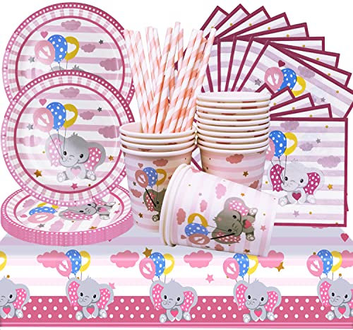 Shamo 69 Stoviglie Per Feste, Decorazione Per Bambine Per 16 Ospiti, Piatti Di Carta Per Baby Shower, Ragazze, Elefante, Piatti Di Carta, Tazze, Tovaglioli Baby Shower, Decorazione Ragazza