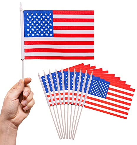 PHENO FLAGS USA Handflagge - 10 pro Set - Fahne 12x20 cm - mit 30cm Flaggenstab & 75 D Polyester Stoff - Die Tischflagge ist ein toller Hingucker für eine Abschieds- oder Mottoparty