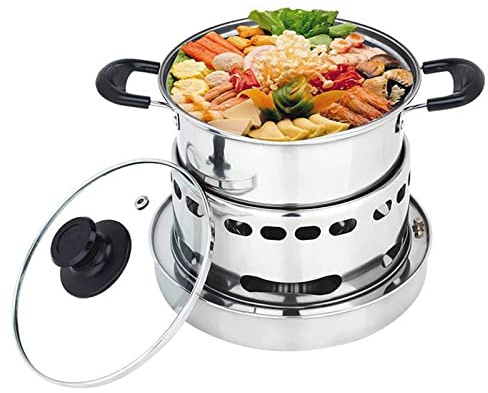 Spirituskocher für Innenräume,Campingkocher Spirituskocher mit Suppentopf, Edelstahl Spirituskocher 2-flammig,Mini Alkohol Herd Spiritusbrenner,Tragbare Spirituskocher für Camping,Picknick(18CM)