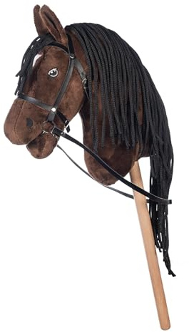 HKM Hobby Horse Stern – Steckenpferd braun/weiß, abnehmbare Trense & Lange Mähne, 40 cm Holzstiel – für Hobby Horsing Dressur & Parcours