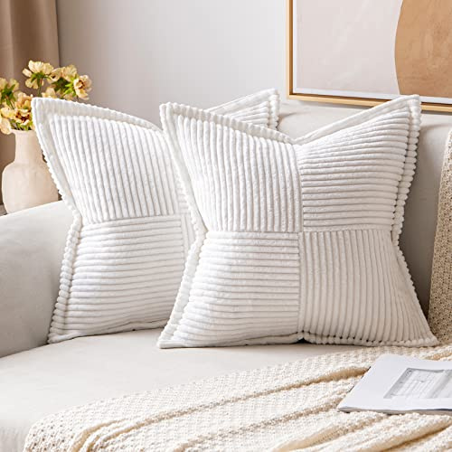 MIULEE 2er Set Kissenbezug 50×50cm Kordsamt Biese Patchwork Weiß | Mit Biese und Patchwork Design formstabil farbtreu mit Reißverschluss dekorativ für Sofa Bett Gästezimmer Büro und Terrasse