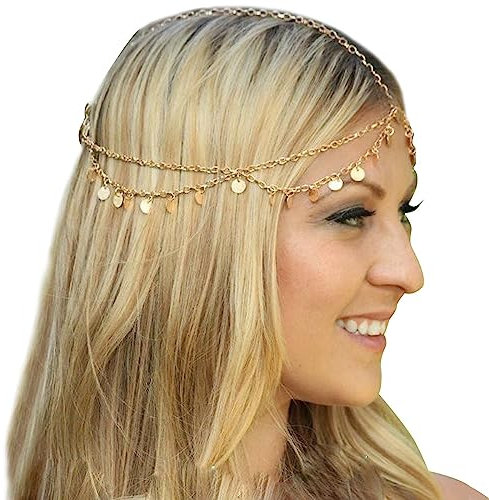 Kopfkette Pailletten Boho Geschichtete Kopfkette Gold Braut Quaste Kopfschmuck Festival Stirnband Haarschmuck Zigeuner Münze Haarkette für Frauen und Mädchen (A)